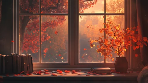 Quiet autumn window with drifting leaves and story-filled books.