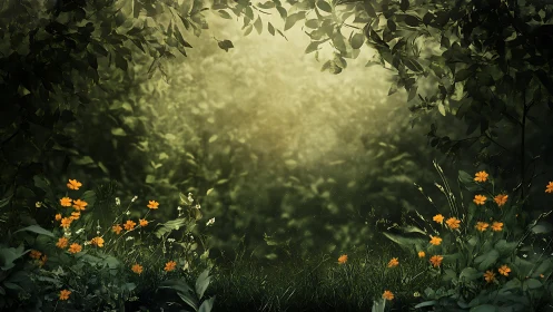 Sunlit hush where orange wildflowers guard the greenway.