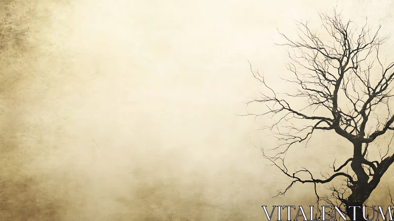 Minimalist silhouette of bare tree on textured beige background.