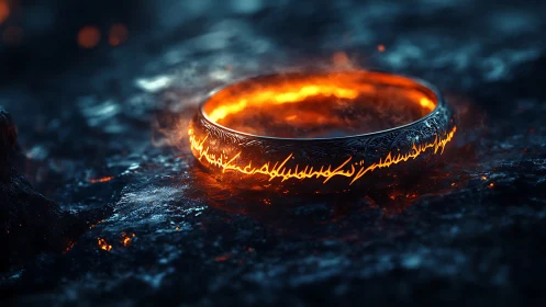 Ring of power with luminous fire core and etched metalwork.