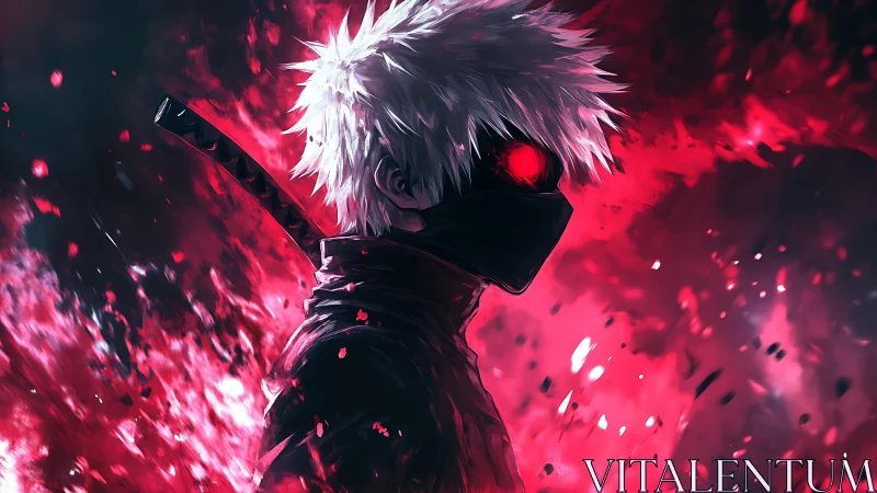 Masked white haired swordsman ignites a blazing crimson aura