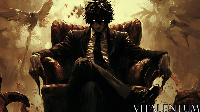 Dark suited figure seated in armchair with abstract wings.