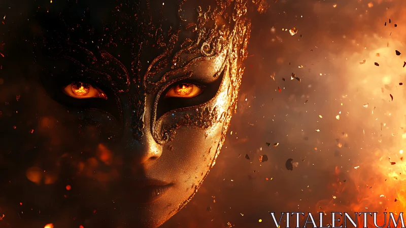 Masked face with fiery glowing eyes framed by flying embers