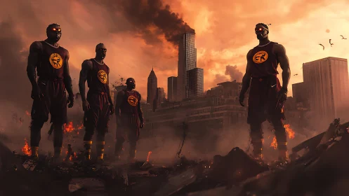 Cybernetic heroes dominate burning postwar city skyline.