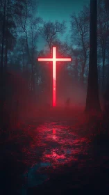 Luminous neon cross illuminates fog-dense forest path at night