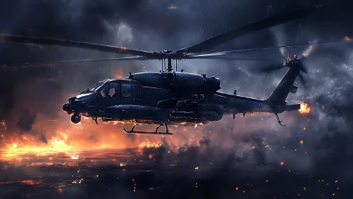 Attack helicopter over burning ground in heavy rainfall.