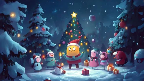 Whimsical digital Christmas forest scene with stylized characters.