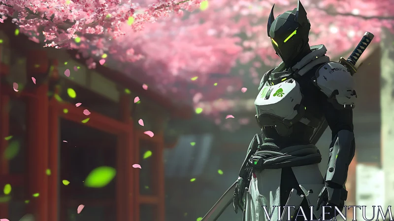 Armored cybernetic swordsman stands under dynamic cherry blossoms