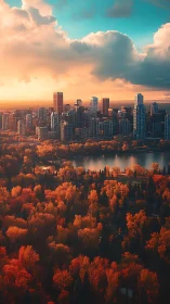 Urban skyline borders dense autumn forest and lake system