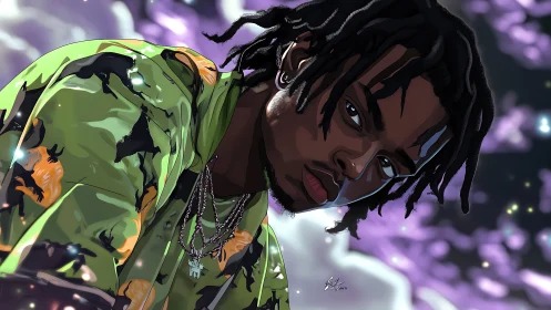 Neon gaze in camo green drifting through lilac nightfall.