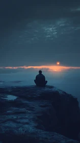 Solitary figure watches distant sunrise from stormy cliff edge