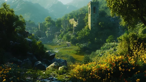 Ruined stone tower within dense green valley landscape.