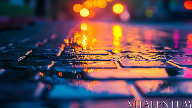 Neon rainlight over quiet cobblestones at blue hour.