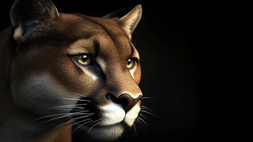Cougar Portrait: Feline Predator with Intense Amber Gaze Against Black.