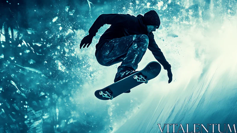 Kinetic freeze-frame of airborne skateboarder in cyan turbulence.