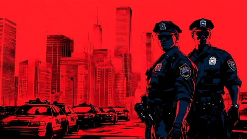 High contrast police figures dominate monochrome red cityscape