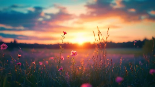 Wildflower meadow glows under vivid sunset horizon.