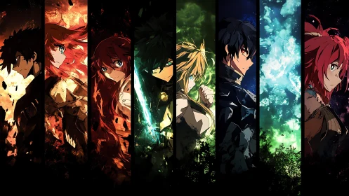 Elemental anime heroes aligned in vertical battlefield panels