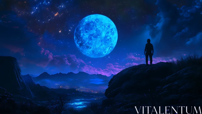 Silhouetted observer under oversized cyan lunar sphere at dusk.