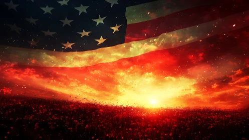 American Flag Over Dramatic Sunset Landscape