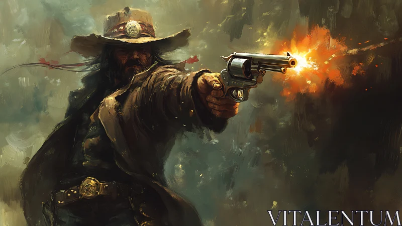 Dynamic gunslinger portrait with muzzle flash and painterly motion