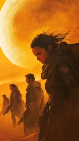 Sun-scorched desert warriors beneath a looming molten moon.