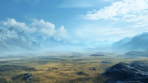 Frozen mountain valley with golden tundra under blue sky