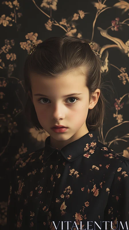 Young Girl Portrait with Dark Floral Pattern Styling