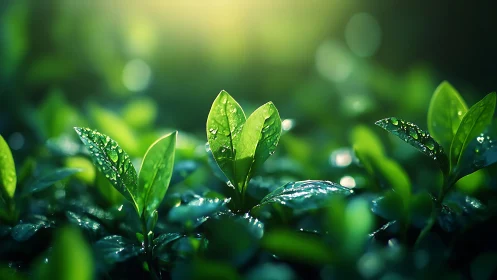 Morning light bathes fresh green leaves in dewy radiance