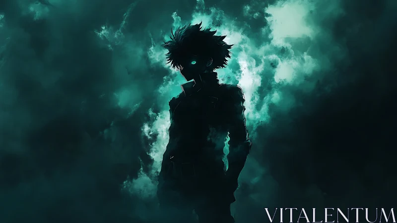 Stormlit silhouette of a glowing-eyed hero in teal clouds.