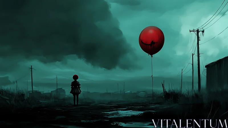 Crimson balloon haunts a lonely child beneath electric skies