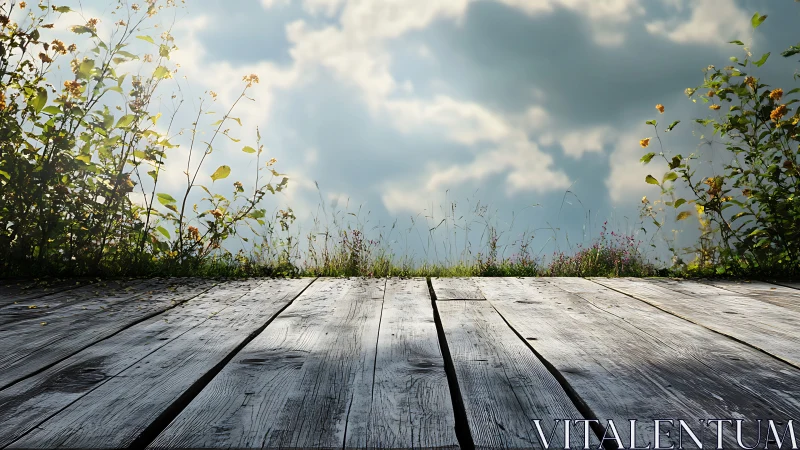 Weathered wooden deck leading to backlit wildflower meadow