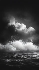 Stormlit waves under towering moonlit clouds.