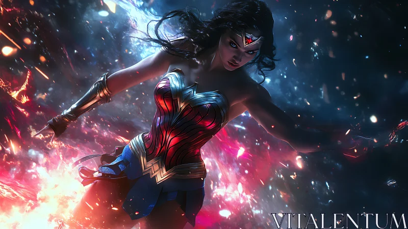 Armored warrior in high-energy nebular impact field rendering.