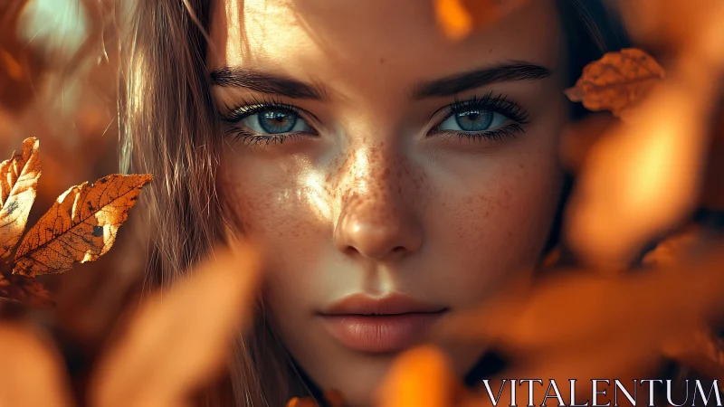 Close frontal portrait of blue-eyed girl framed by leaves.
