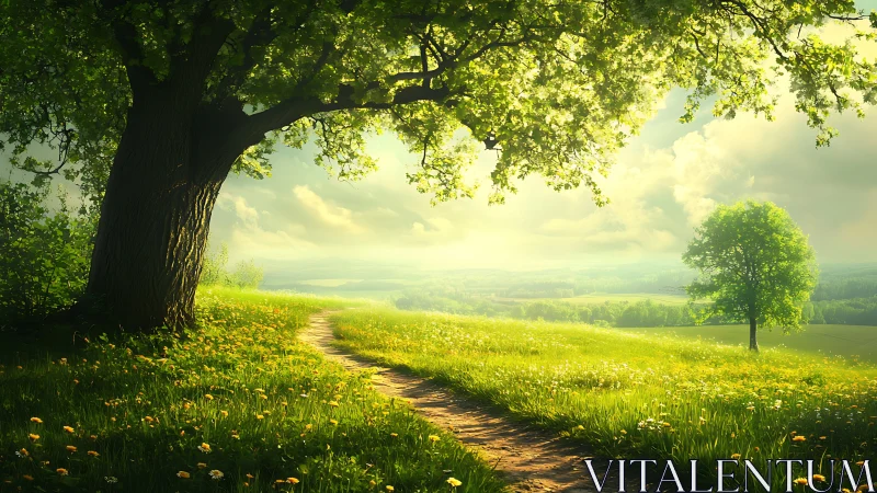 Sunlit rural path under expansive spring foliage glows softly