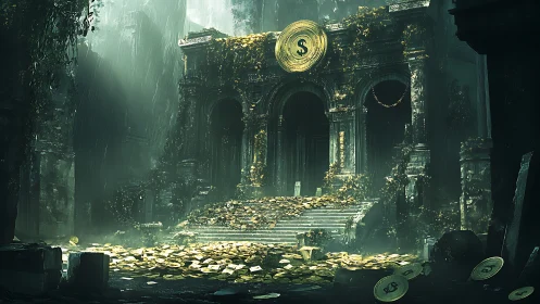 Ancient temple of wealth crumbles under cascading light.