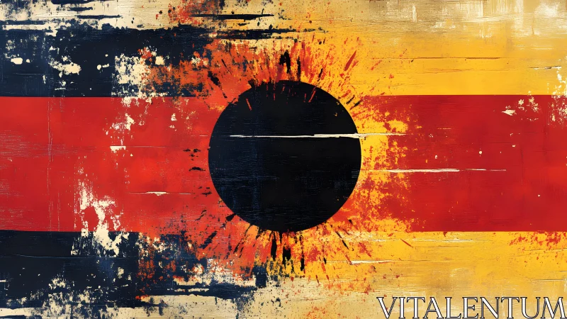 Abstract grunge flag with black circle and bold color splashes.