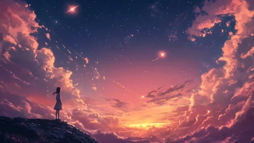 Soft sunset sky welcomes a quiet girl into a dreamy night