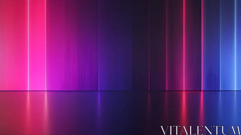 Vibrant neon vertical light stripes on reflective floor, digital art.