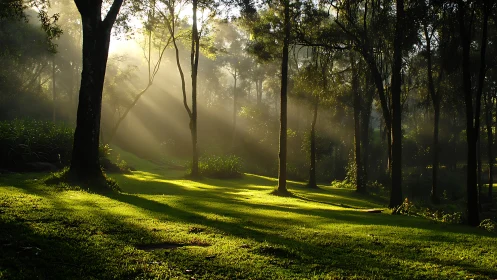 Low-angle morning sunbeams crossing dewy forest clearing