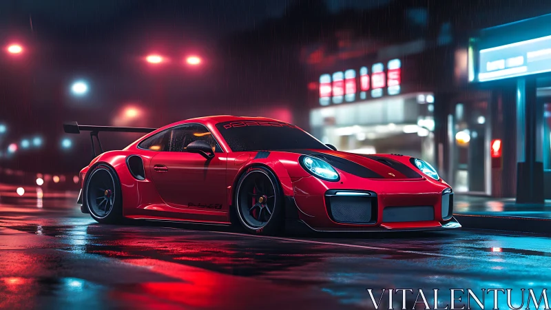 Red performance coupe cuts through neon-lit rainy city street