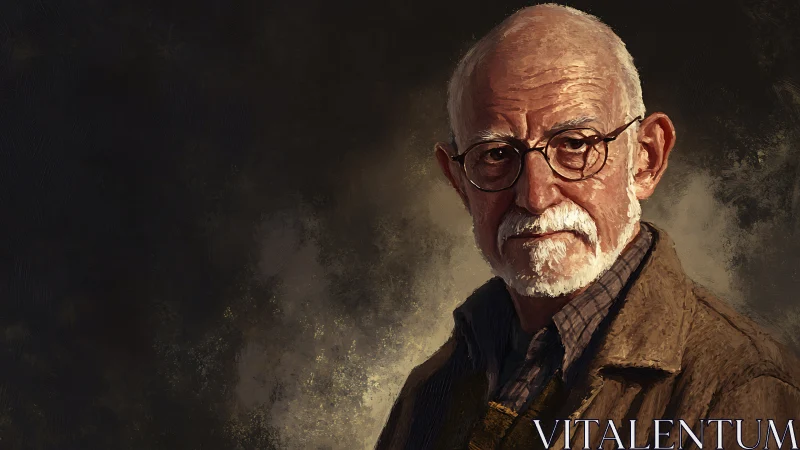 Textured digital portrait of elderly man in diffused chiaroscuro.