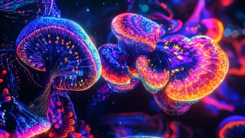 Bioluminescent neon mushrooms glow in dense cosmic forest