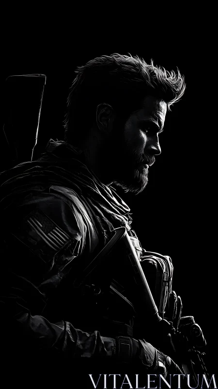 Silent profile of a lone soldier carved from darkness.