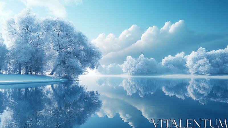 Frozen lake with frosted trees mirrored in still water.