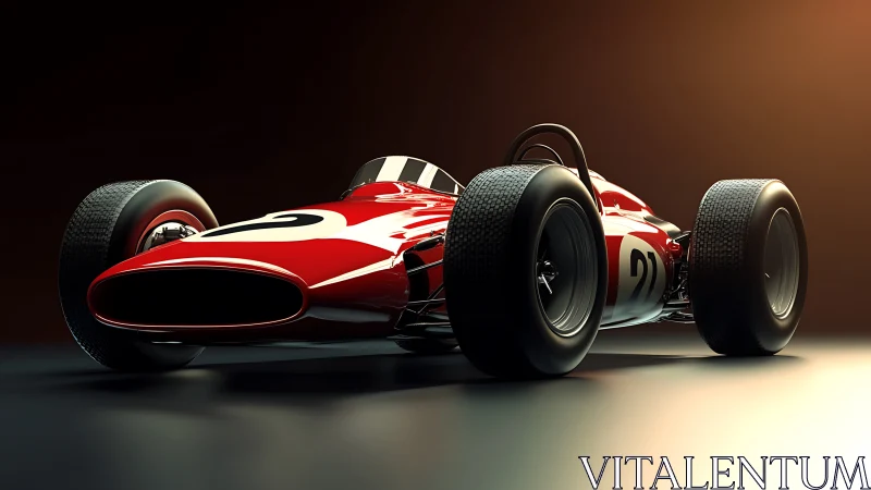 3D-rendered vintage Formula race car with dramatic low-key lighting.
