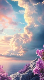 Vibrant coastal cliff with pink flowers and glowing clouds.