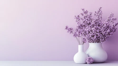 Soft lavender blooms resting in calm white vases.