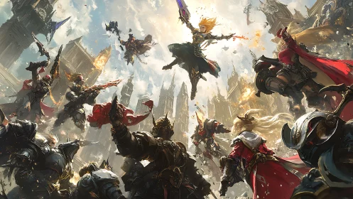 Clashing armored warriors in a sprawling fantasy city siege.